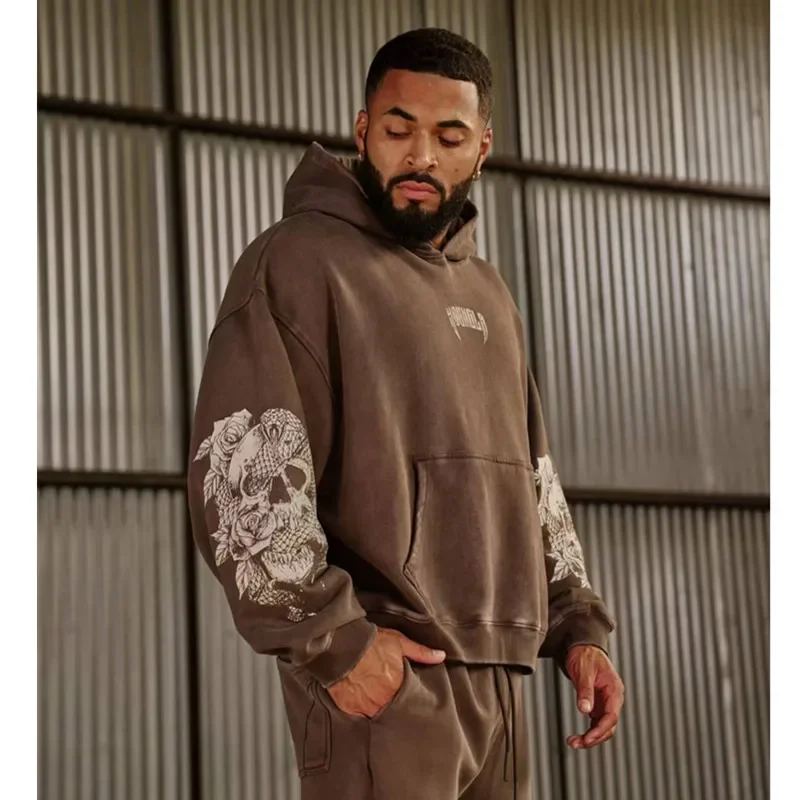 Men Hooded Sweatshirt Younglaa American Style Vintage Trendy Men's Hooded Sweatshirt Autumn/Winter Sports Fitness Running Training Hooded Sweatshi
