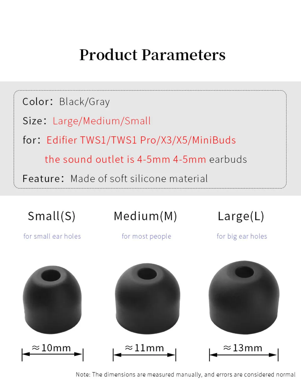 6Pcs for Edifier TWS1/TWS1 Pro Earbuds Eartips for X3/X5/Minibuds TWS Earphone Silicone Ear Tips Soft Earplugs 4-5mm