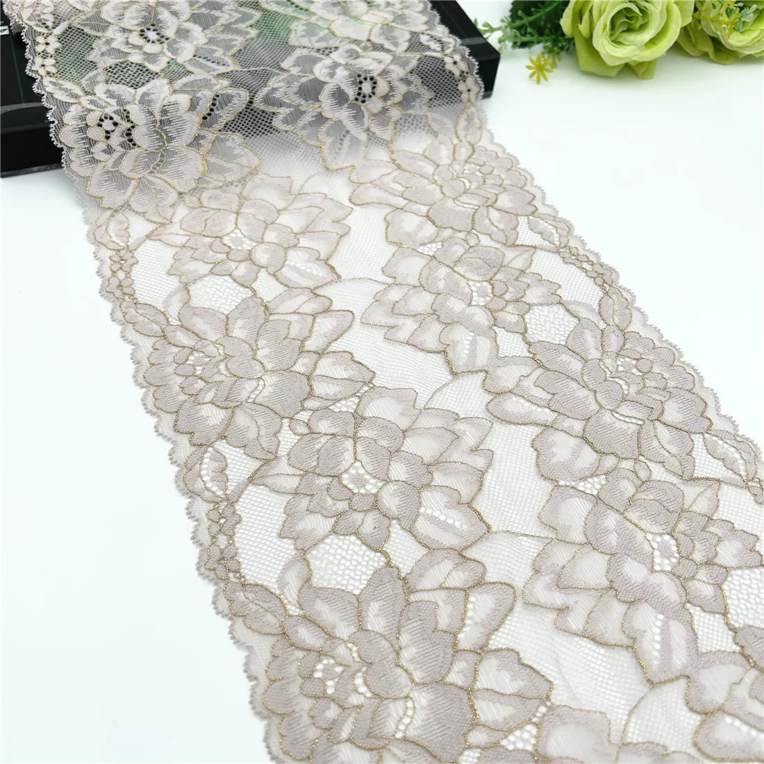 3y/lot Width 21cm Pale Lilac Gold Elastic Lace Trim For Lingerie Sewing Craft DIY Apparel Fabric Lace Wedding Garment Material 1