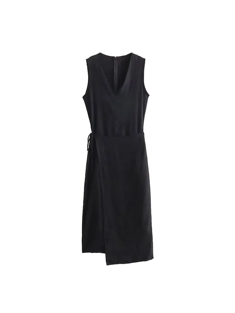 

ZADATA new women's fashion casual versatile solid color retro simple basic commuting V-neck sleeveless lace-up trendy dress