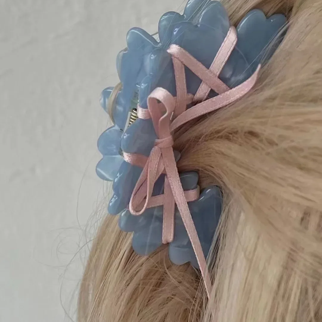 YHJ Acrylic Ballet Style Hair Claw Korean Ribbon Tie Bow Flowers Hair Clips Sweet Girl Wave Grab Clip Hair Accessories for Women декор cersanit wave flowers 20х44 см wa2g443d