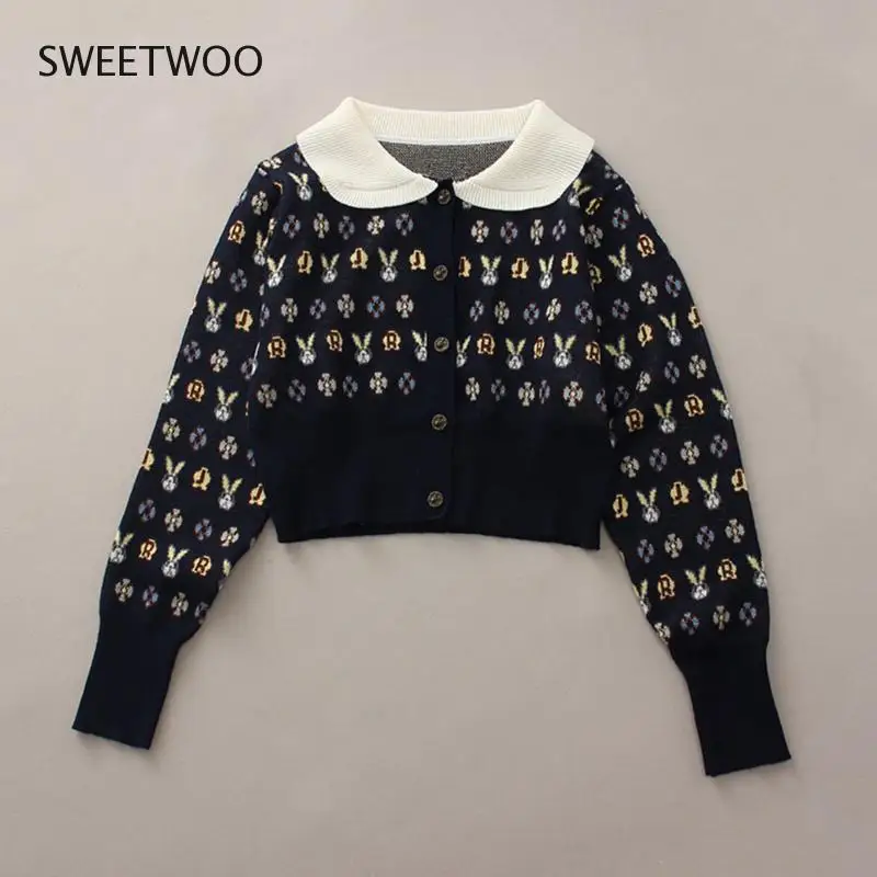 

High Quality Fashion Women Winter Vintage Elegant Sweet Cute Collar Rabbit Jacquard Short Knitted Cardigan Sweater Tops 2022