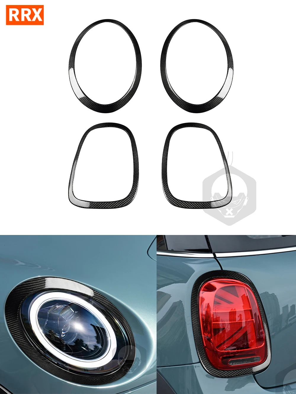 For BMW Mini F55 2015+ F56 2014+ F57 2016+ Front Rear Headlight Frames 4 Pieces Set Real Carbon Fiber Car Exterior Accessories