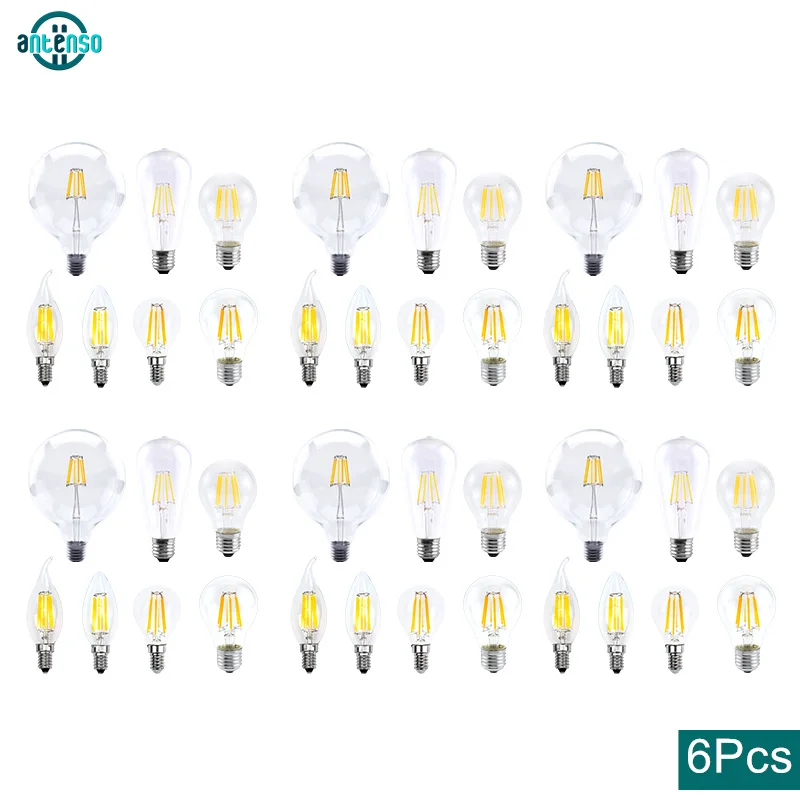 6 Pz/Lotto Lampadine A Led Ac220V E27 E14 2W 4W 6W 8W Led Retro Edison Filamento Luce Lampada Bombilla Soggiorno Casa Luminair