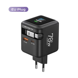 Caricatore veloce GaN da 70W con cavo retrattile Type-C e capacità di ricarica rapida 3 in 1