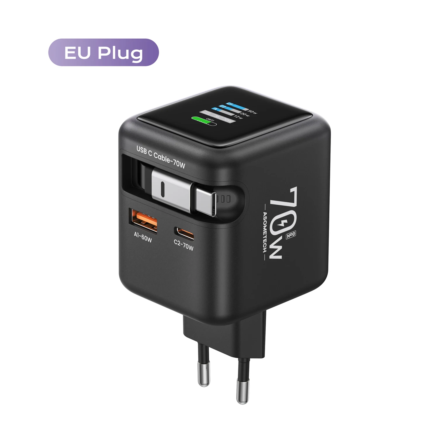 Chargeur rapide GaN 70W avec câble rétractable type-c 3 en 1 PD3.0 QC4.0 PPS, charge rapide pour IPhone 16 15 14 Xiaomi tablette ordinateur portable