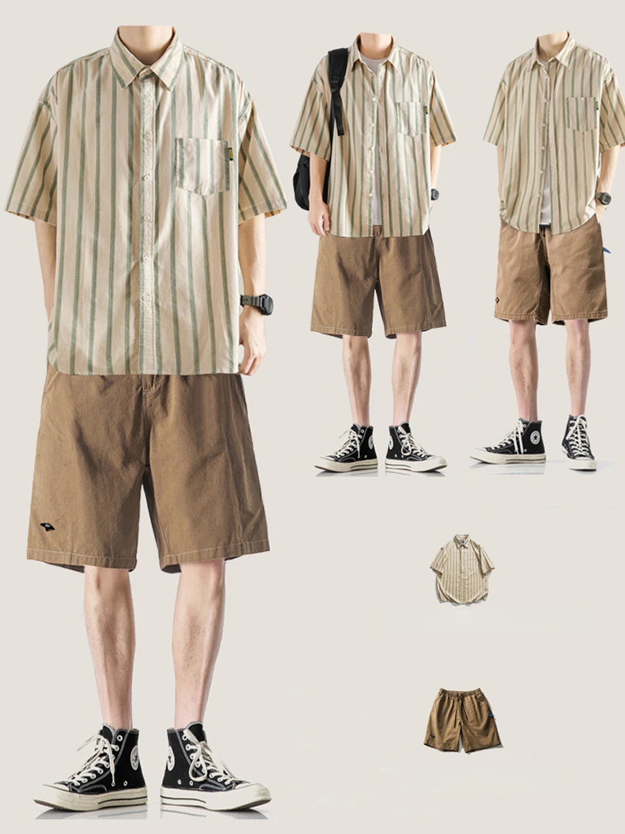 

Summer Men's Sets Half Sleeve Suits Stripe Short Sleeve Button Shirt + Shorts Korean Handsome Loose 2 Piece Set Outfits W55