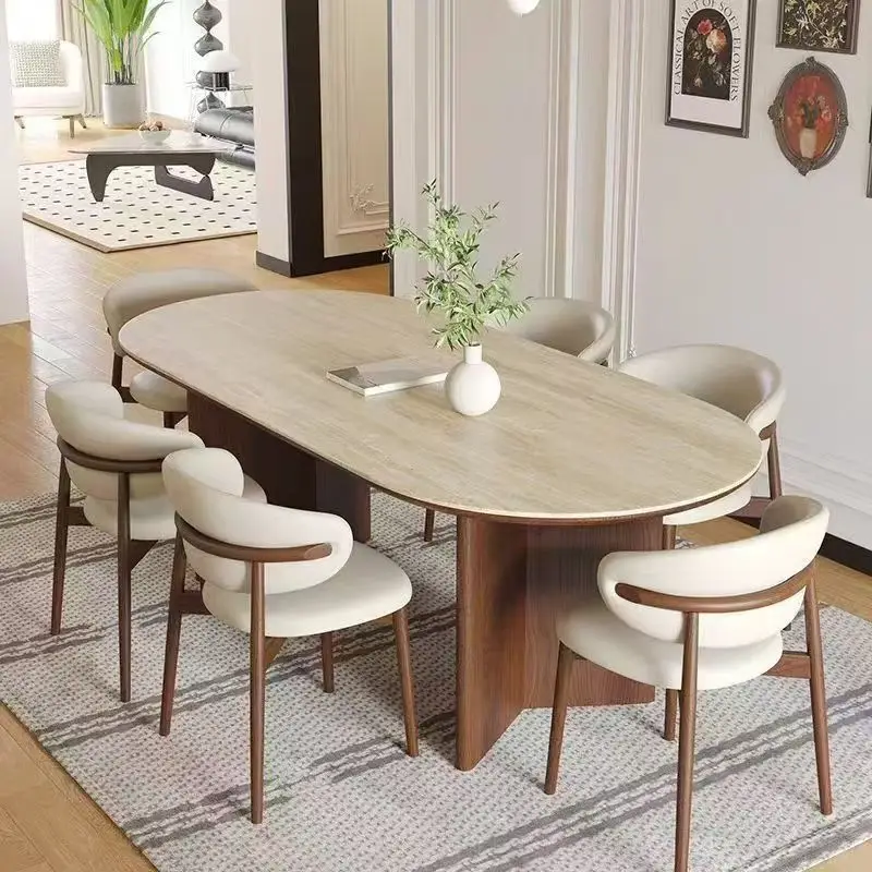 Modern retro 6-seat walnut kitchen dining table oval solid wood solid wood dining table set 8 dining