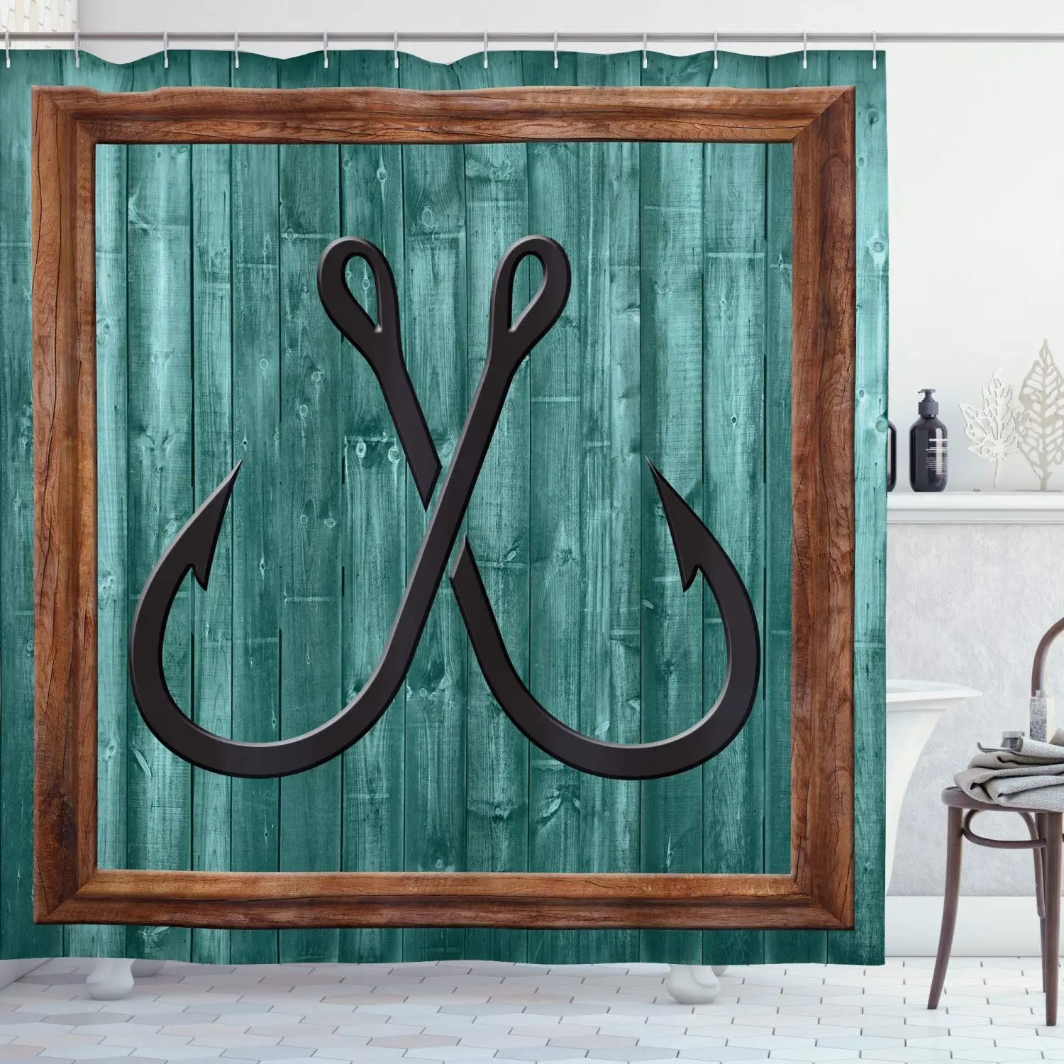 Nautical Shower Curtain Fishing Lures Anchor Modern Abstract Painting Wooden  Frame Rustic Fabric Bathroom Decor Set with Hooks