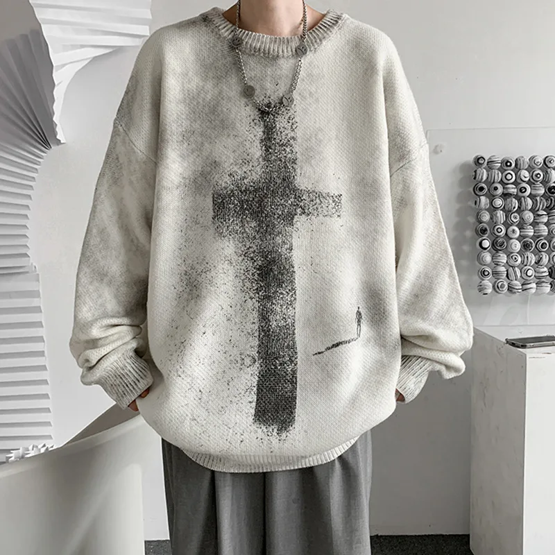 Lazy Style Sweater Men's Autumn and Winter Thickened Loose Japanese Style Retro Cross Pullover Sweater