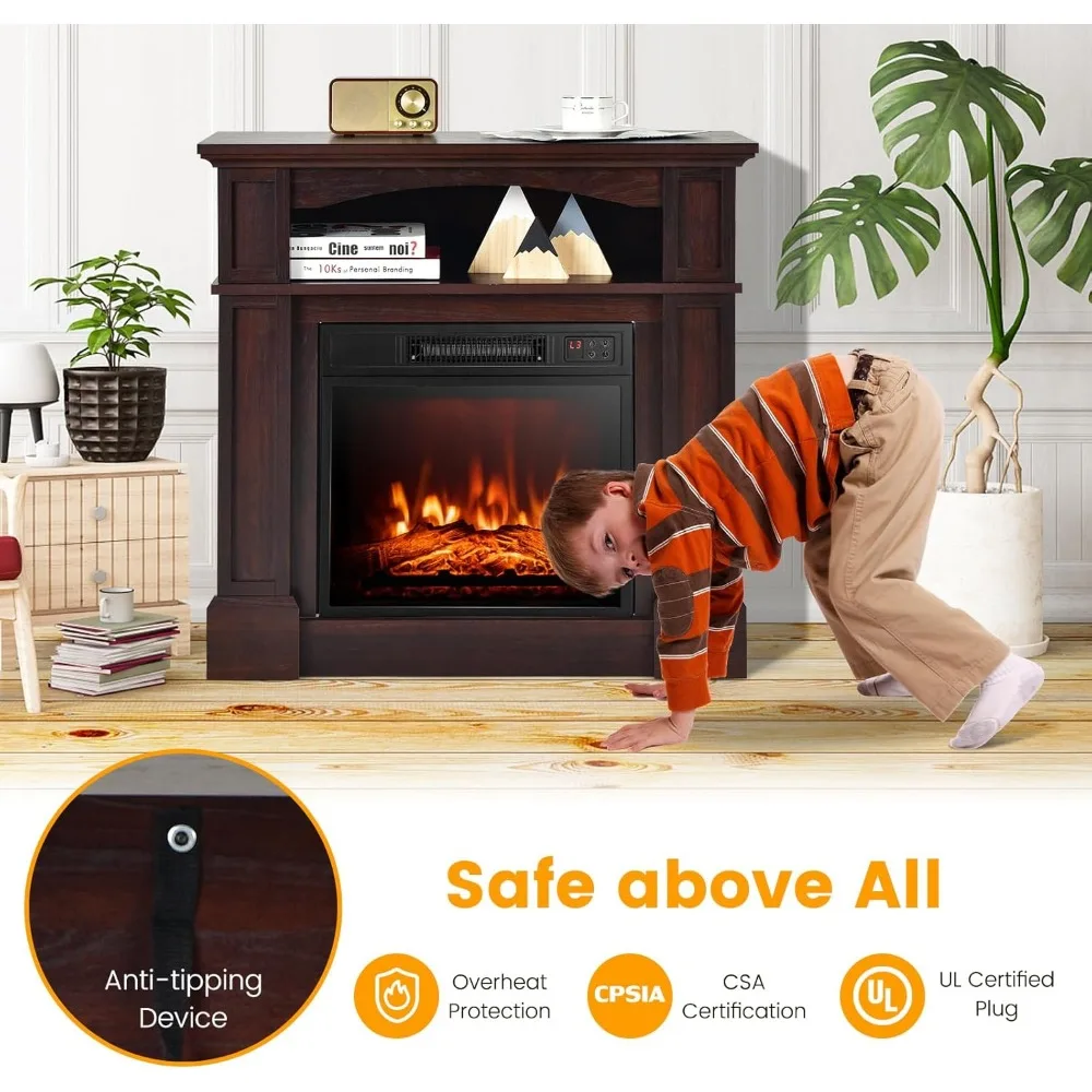 32" Electric Fireplace with Mantel, 1400W Freestanding Heater  W Remote Control & Adjustable Brightness, Multifunctional Mantel 3