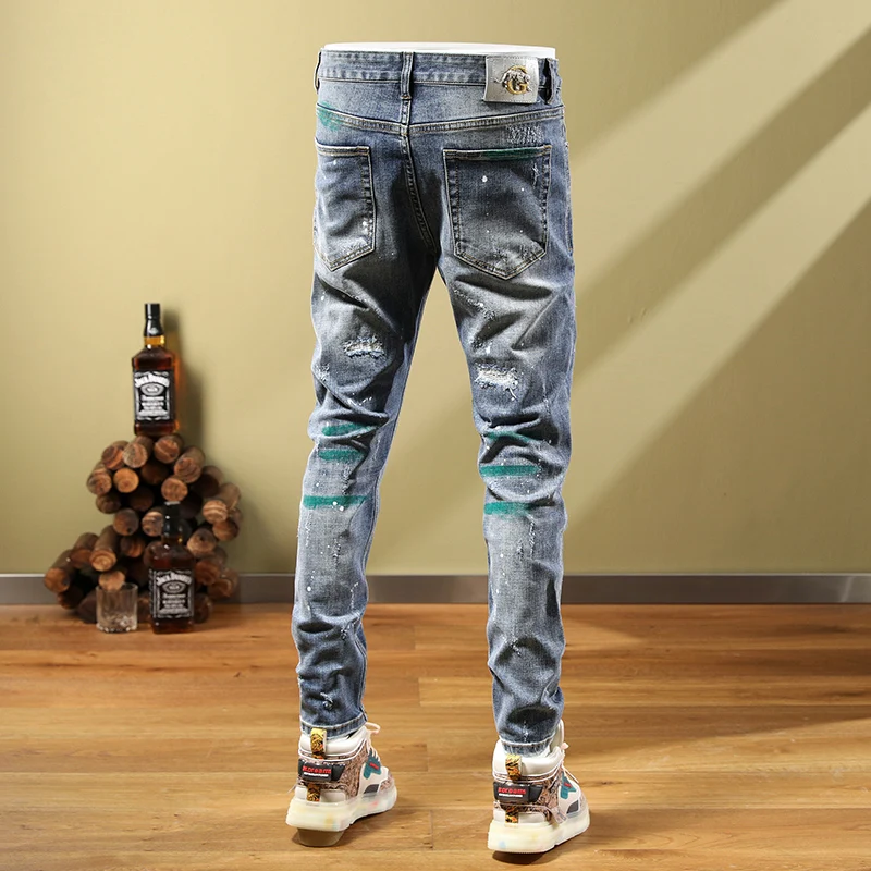 Fashion Streetwear Men Jeans Retro Blue Elastic Stretch Skinny Fit Ripped Jeans Men Green Painted Designer Hip Hop Pants Hombre