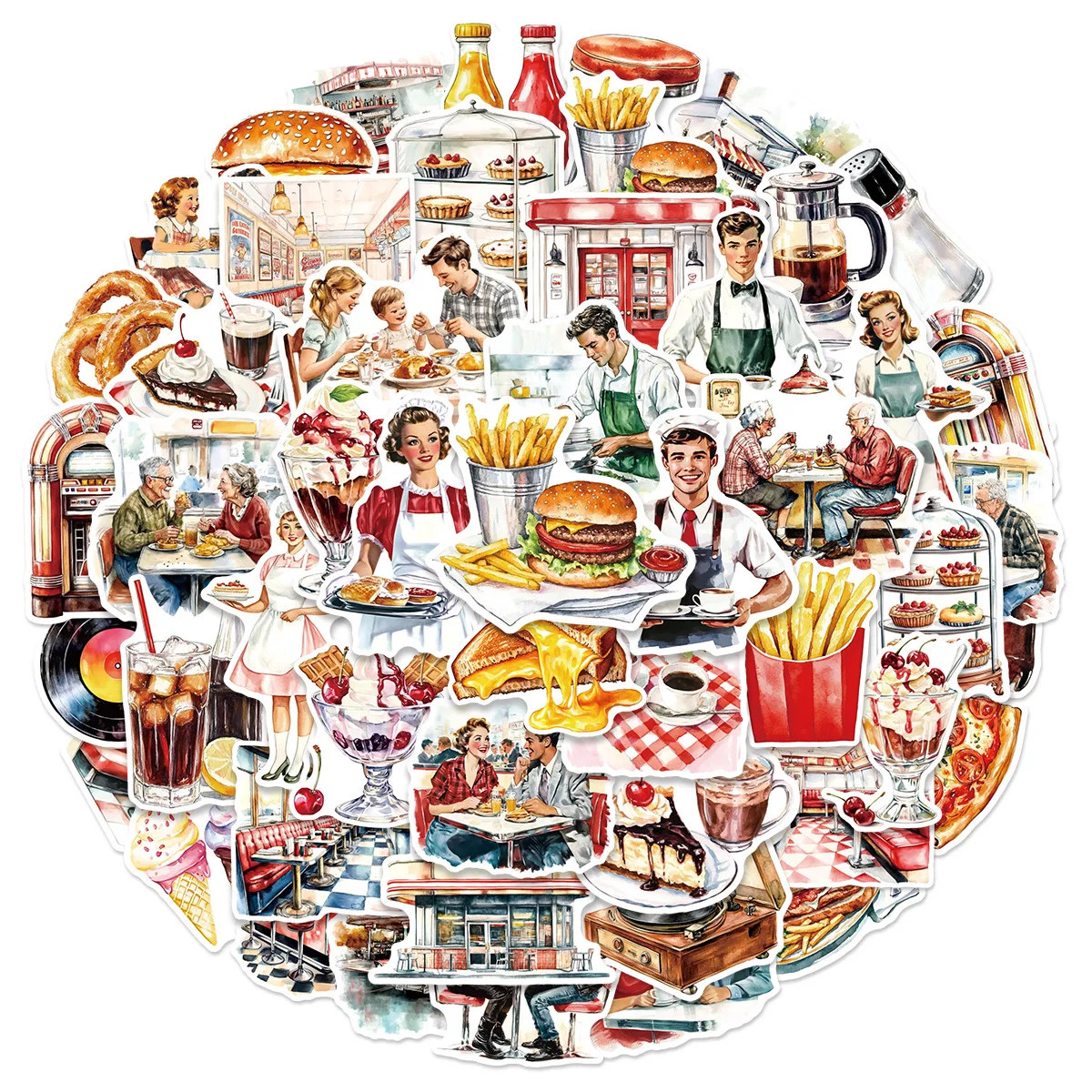 50개 유럽 및 미국 레스토랑 레트로 아트 스티커 낙서 장 물컵 오디오 스크랩북 기타 노트북 데칼
