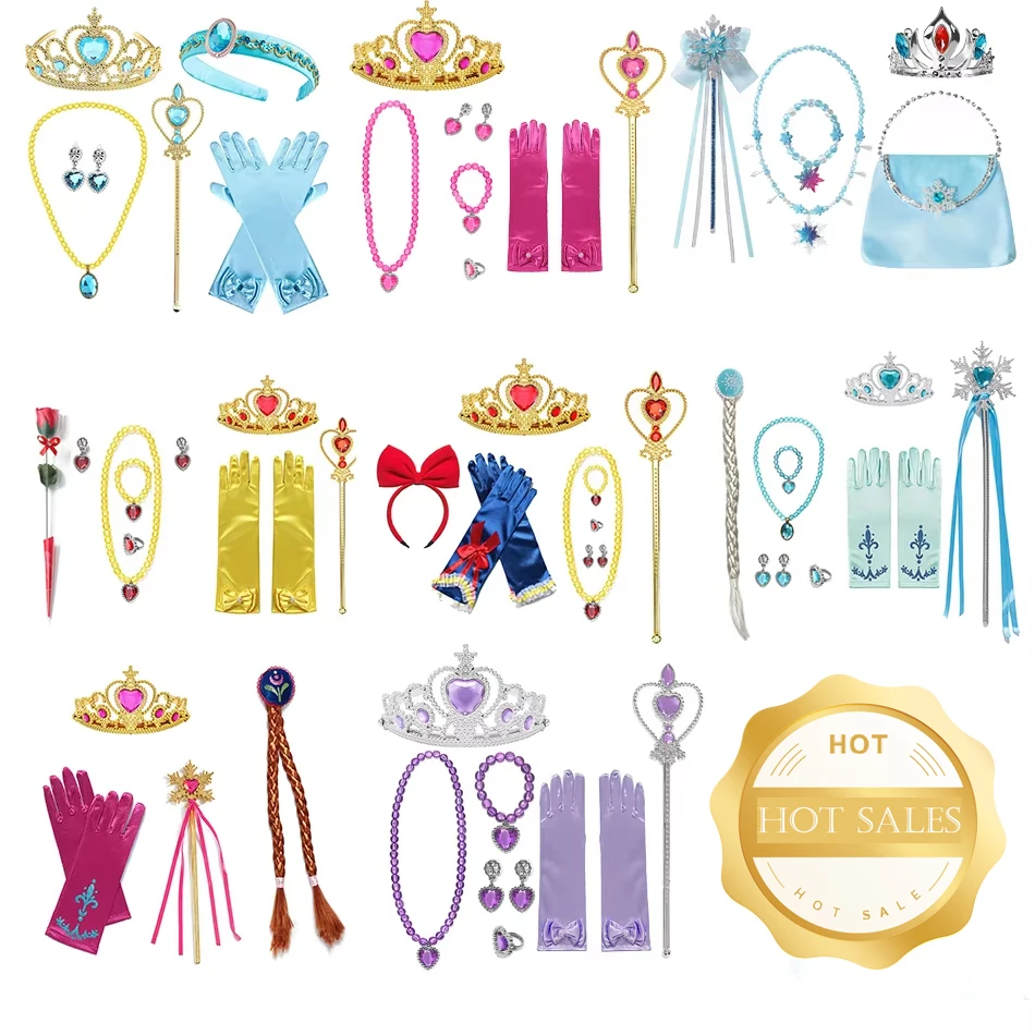 Girls Princess Dress Cosplay Accessories Gloves Wand Crown Jewelry Set Princess Wig Braid Dress Costume