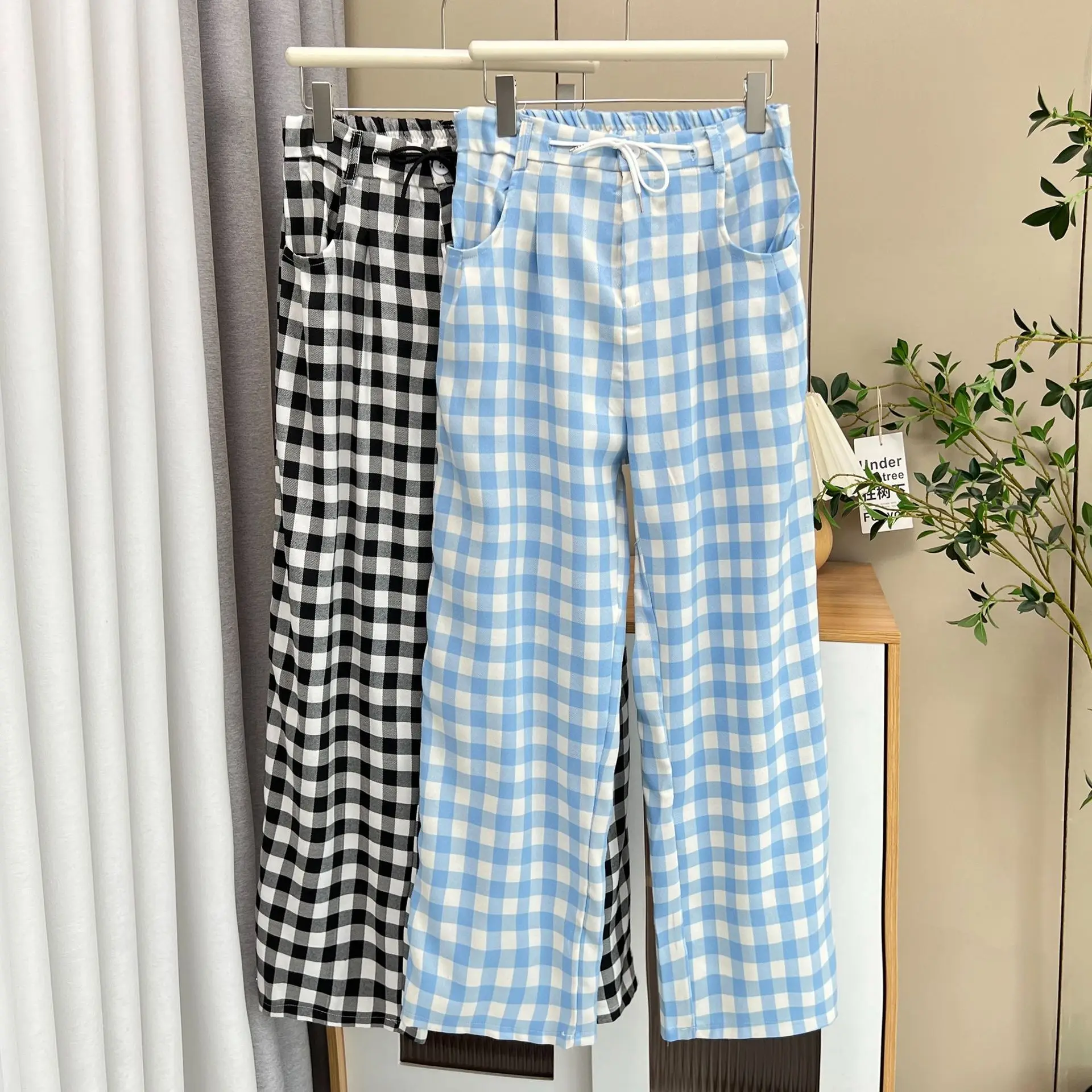 Fashion Plus Size Women's Wide Leg Pants Autumn New Versatile Drawstring Waist Plaid Full Length Suit Trousers 1707