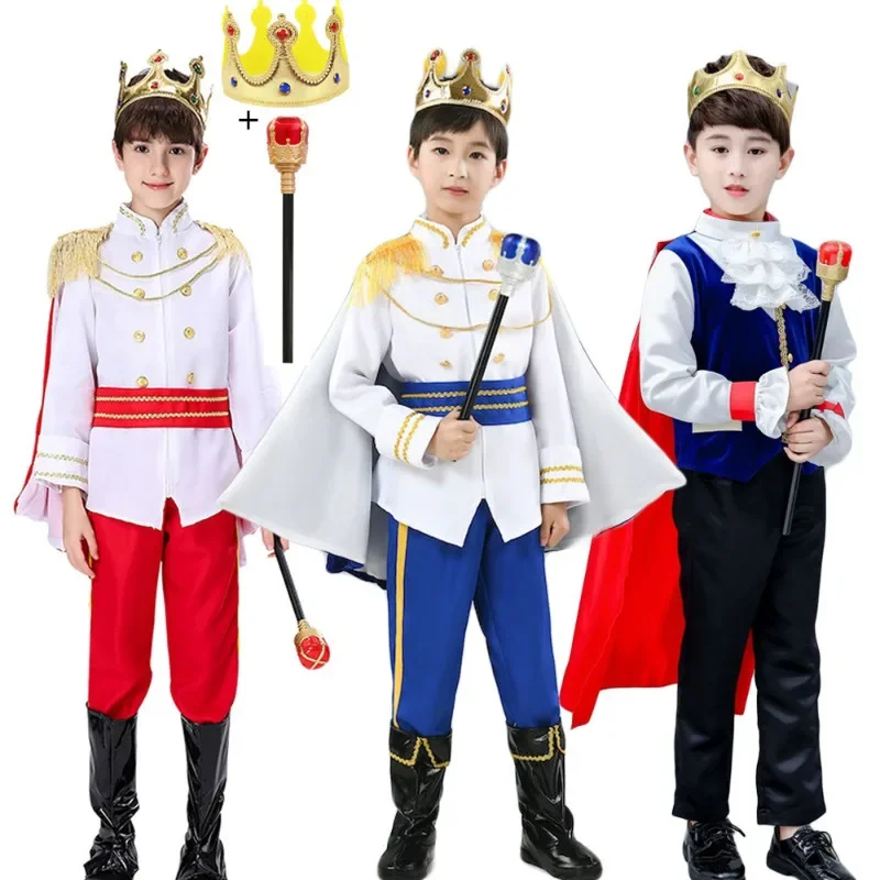 

Halloween Kids Princess King Cosplay Costume Boys Royal King Prince Roleplay Outfit Tops with Pants Belt Cape crown Scepter Set