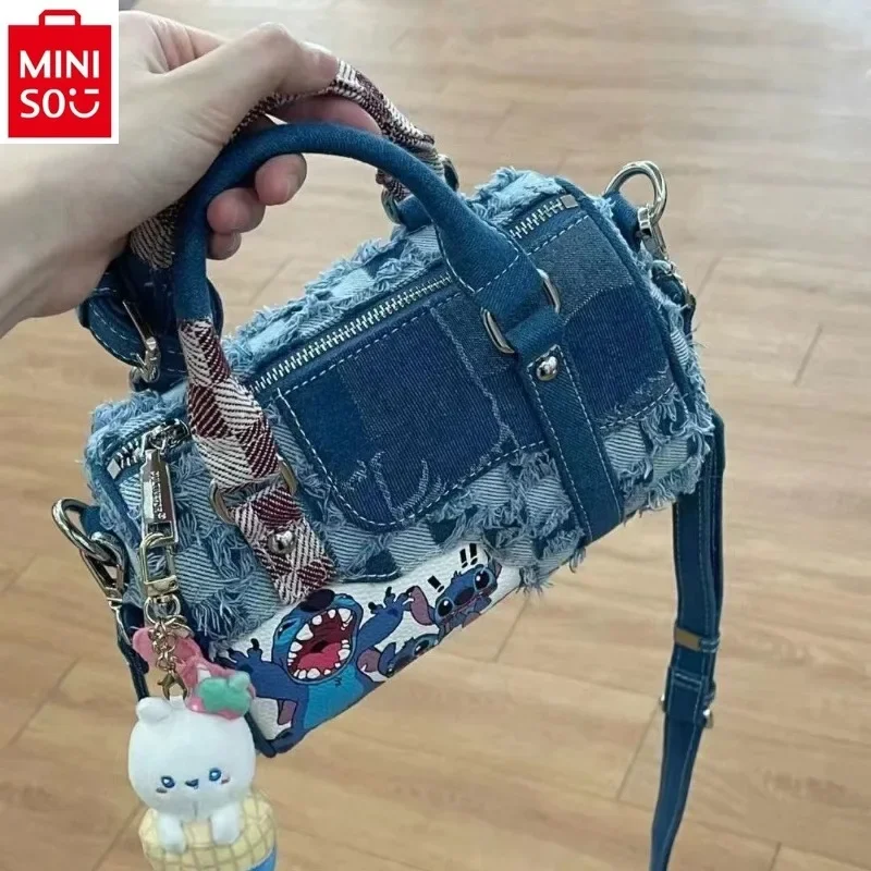 MINISO Disney Spliced Vintage Denim Crossbody Pillow Bag Women's Classic Casual Versatile Storage Shoulder Bag