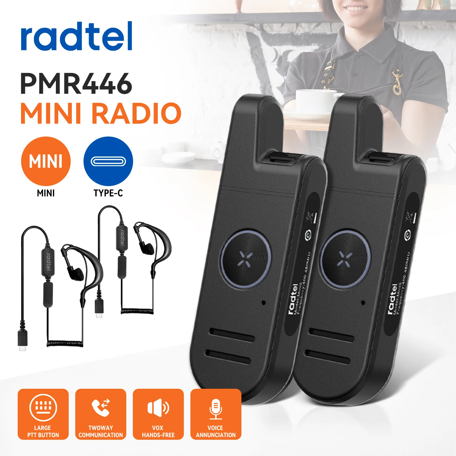 Radtel RT13 PMR446 슈퍼 미니 무전기 PALM 라디오 대형 PTT 버튼 (레스토랑, 미용실, 쇼핑몰, 사업장용)