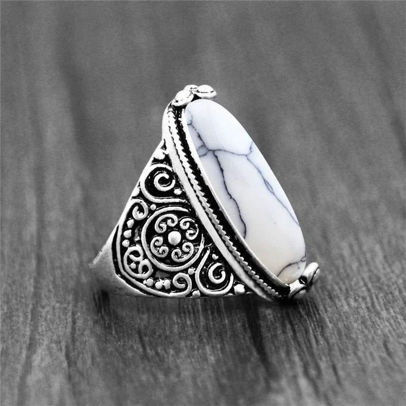 Flower Band Oval Synthetic Turquoises Rings finger ring silver ring 5 Colors For Women Vintage Antique Silver Plated
