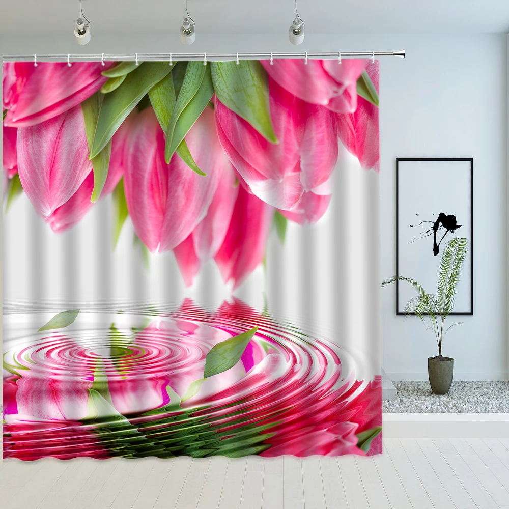 Colorful Tulip Flower Shower Curtain Nature Floral Plant Print Bathroom Decor Waterproof Polyester Fabric with Hooks Bath Screen