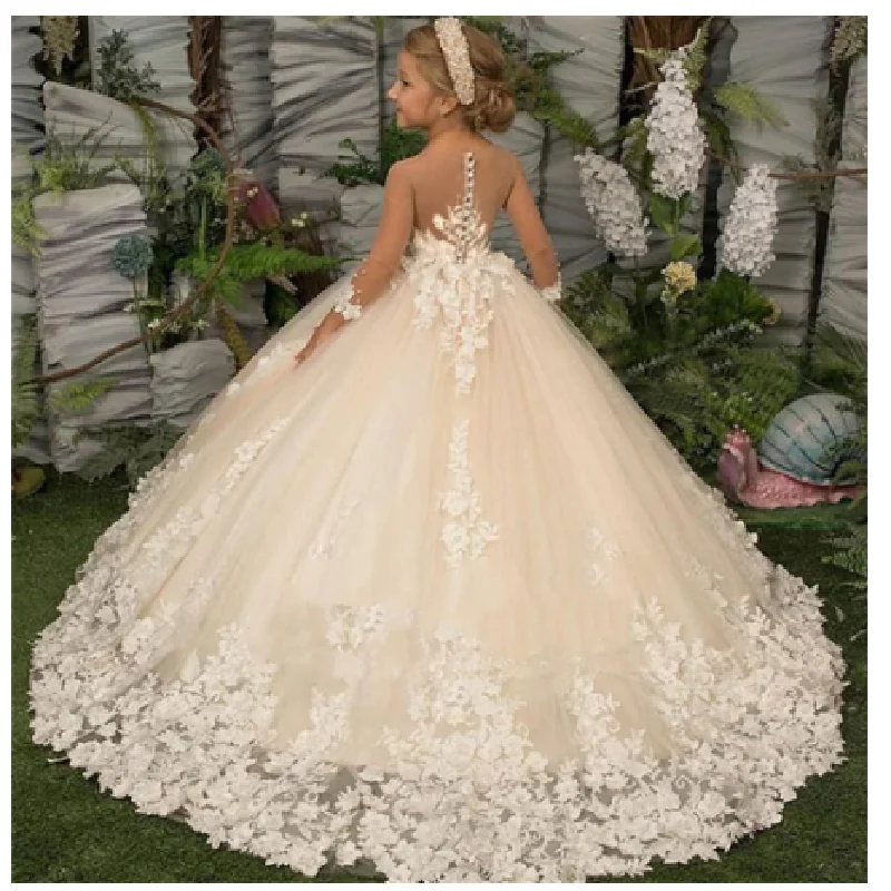Elegance Flower Girl Dress Three Quartersleeve Appliqu&eacute; Children Wedding Party Gowns New Kids Clothes Princess First Communion flower girl dresses floral appliqu&eacute; dress girls dresses