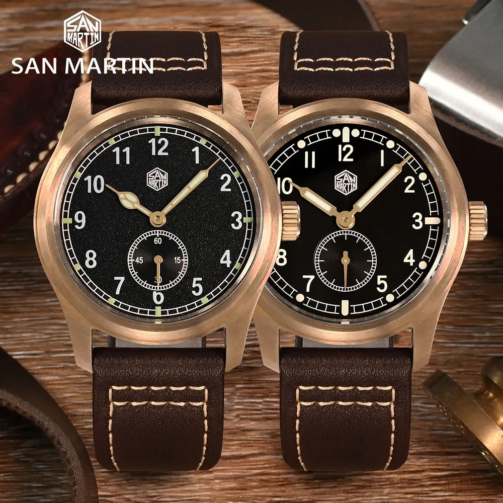 

San Martin 37mm Bronze Pilot RONDA 6004 Men Watch Vintage Military Simple Fashion Style Quartz Clock Leather 10 Bar Relojes