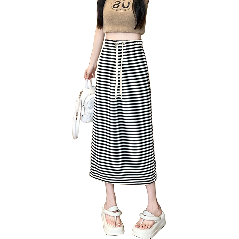 Korean Style Summer Maternity Striped Skirts Drawstring Waist Back Split Mid-calf Black White Pregnant Woman One-Step Skirt