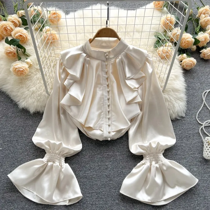 

High Quality Satin Loose Shirt Long Flared Sleeves Ruffles O Neck Beading Women Gentle Office Lady Casual Blouse