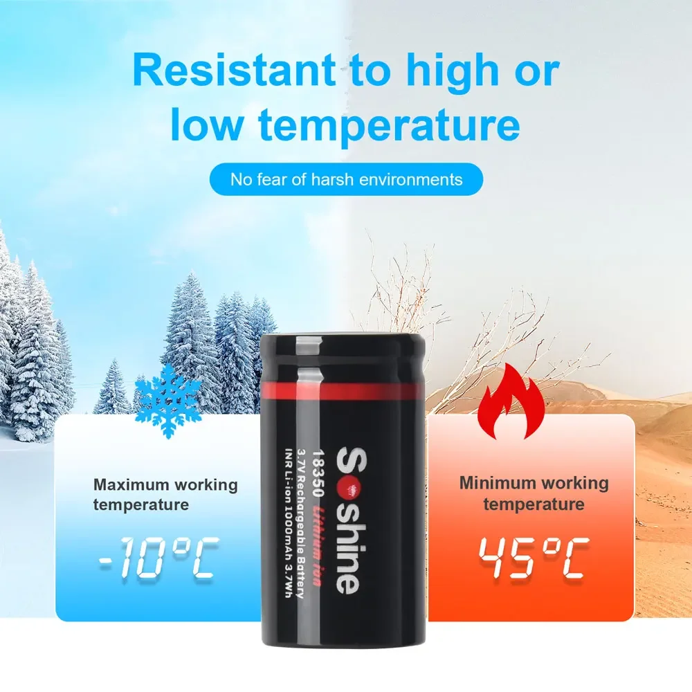 Soshine 3.7V 18350 1000mAh Rechargeable Battery 1000mAh Lithium Batteries Li-ion Battery 1000 Times Cycle Charge Full Time 1h 4