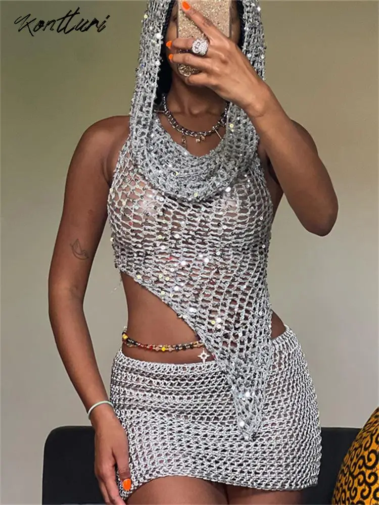 Kontturi Summer Sexy Knit Hollow Outfits For Women Club 2023 Sleeveless Hooded Backless Crop Top Silver Mini Skirt Matching Sets lordloar crop stingray windbreaker silver