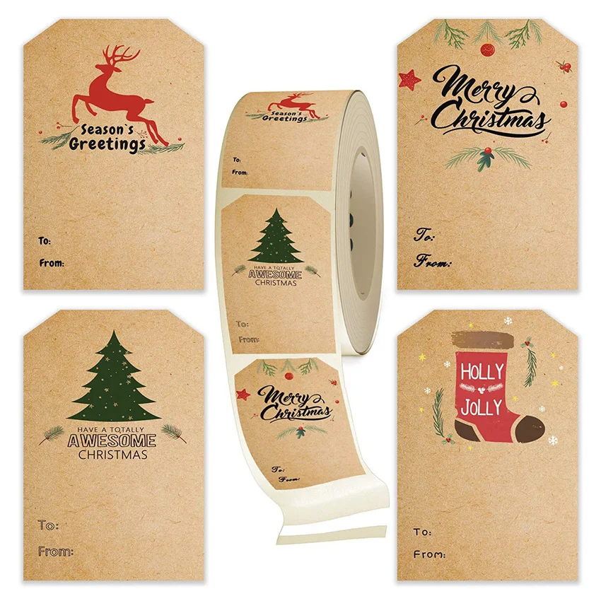 

50-100Pcs 5x7.5cm Merry Christmas Gift Packaged Sticker Kraft Paper Handwritten Name Xmas Tree Elk Envelope Seal Label Stickers