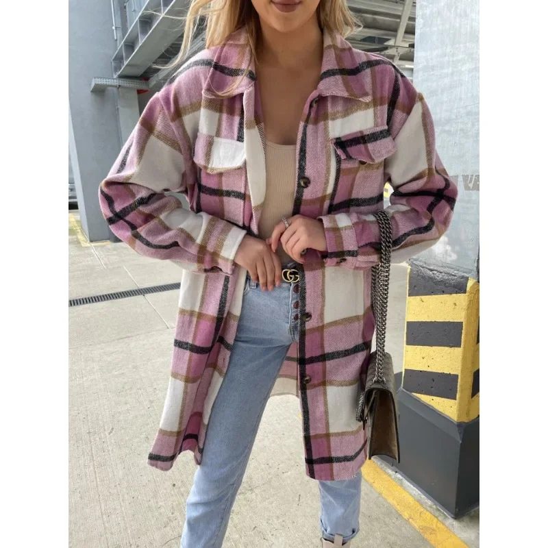 

Autumn Winter Women Outwear Brushed Plaid Shirts Fashion Lapel Button Down Long Sleeve Jackets Shacket Woolen Coats with Pocket