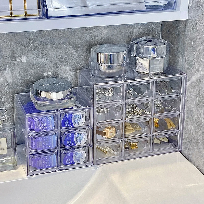 6/9/12 Grids Mini Drawer Storage Box Acrylic Earring Organizer Boxes Transparent Ring Jewelry Cosmeyic Drawers Desktop Organizer 5