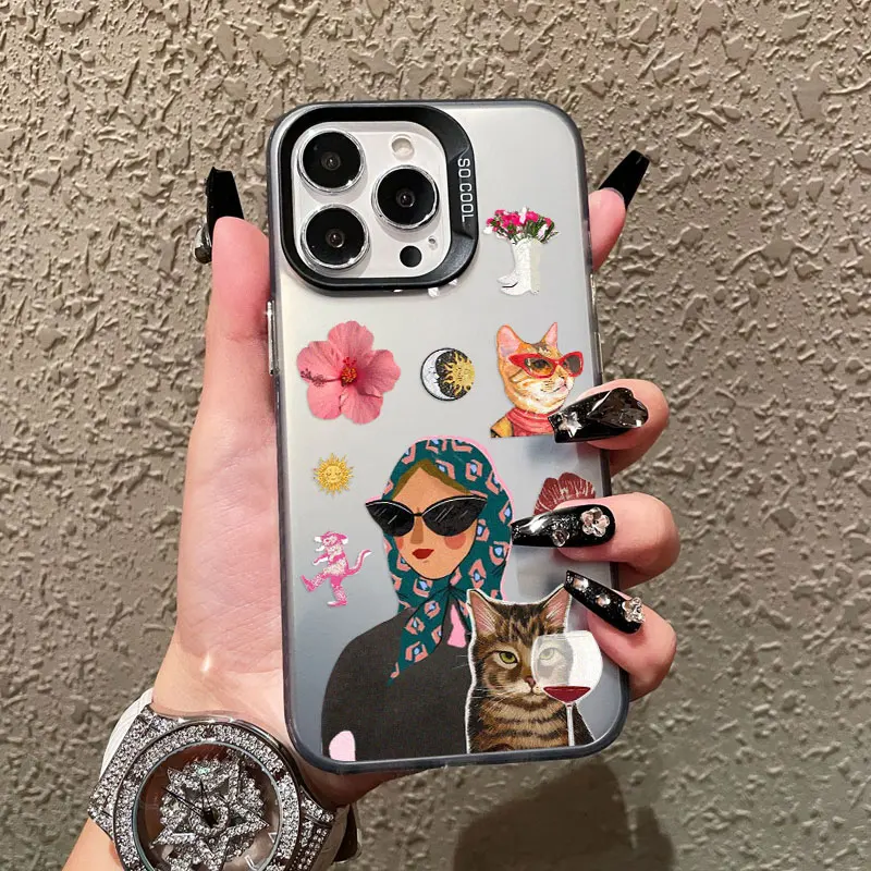 Kopftuch Frauen Und Cartoon Nette Katze Muster Telefon Fall Für Samsung S25 S24 S23 S22 Ultra Plus S21 S23 S24 FE Laser Abdeckung Fundas – Detail 8