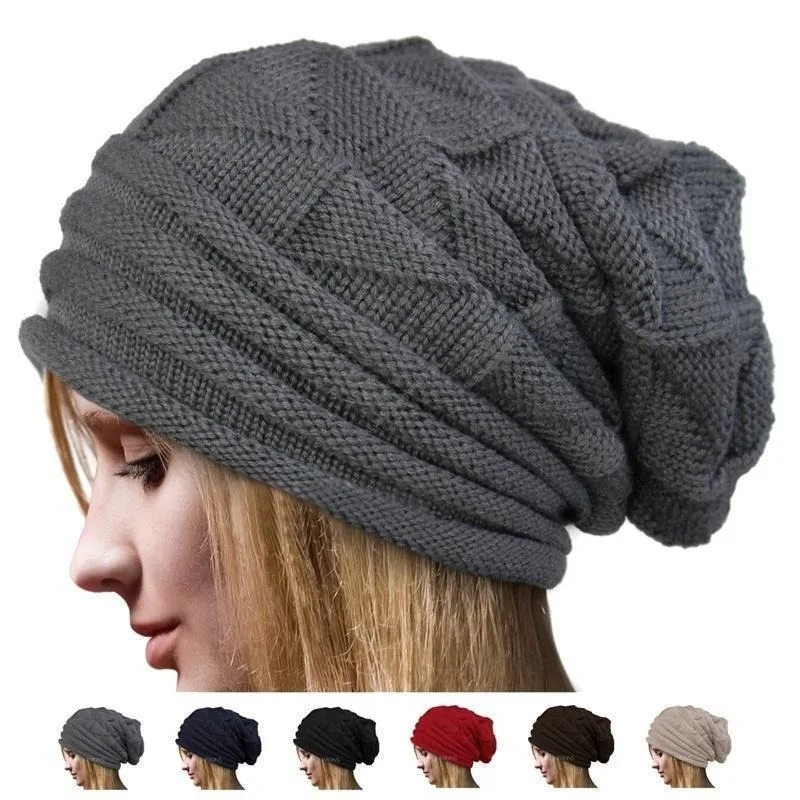 

European Style Autumn Winter Fashion Unisex Knit Crochet Solid Warm Baggy Beanie Hat Oversized Slouch Cap