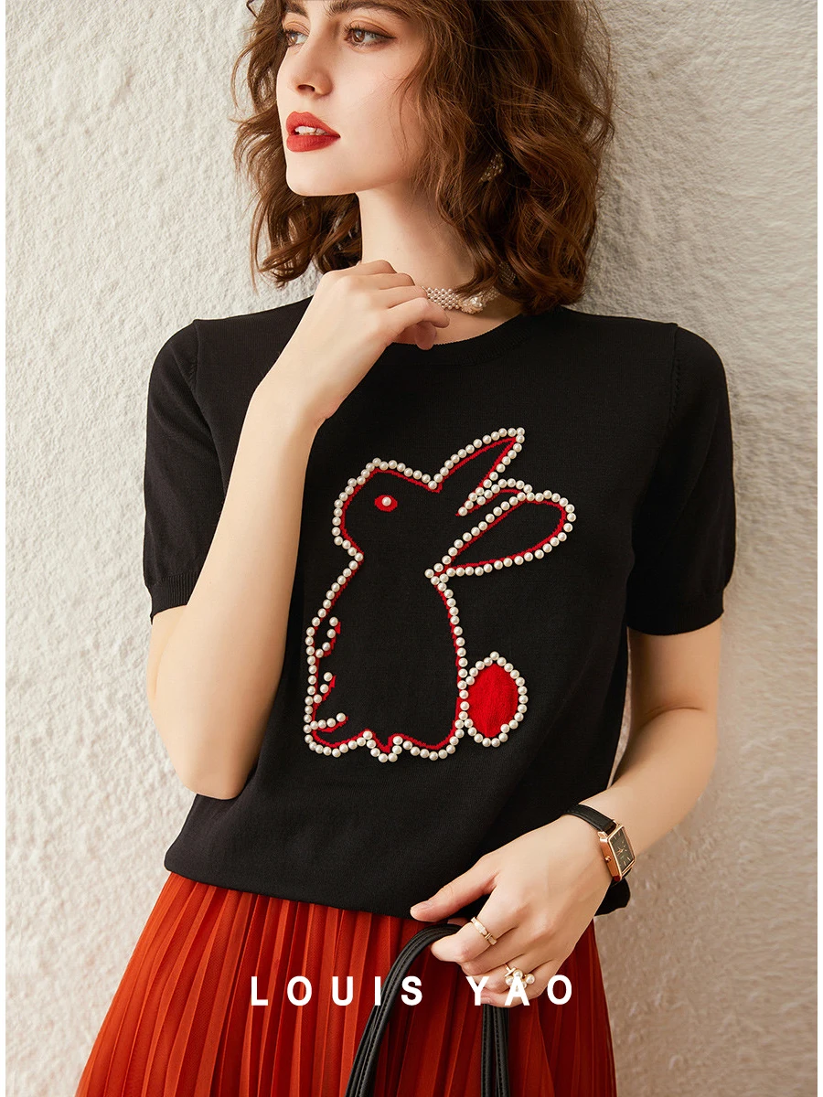 LOUIS-YAO-Women-T-shirt-Bead-Short-Sleeve-Knitwear-2024-Summer-Cute ...