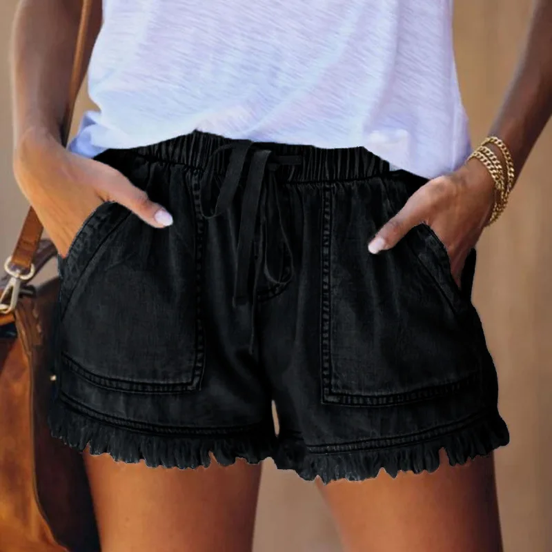 Women's Casual Denim Shorts With High Waistband Loose Multiple Pockets Elastic Waist And Rough Edges Summer Clothes Women 2024
