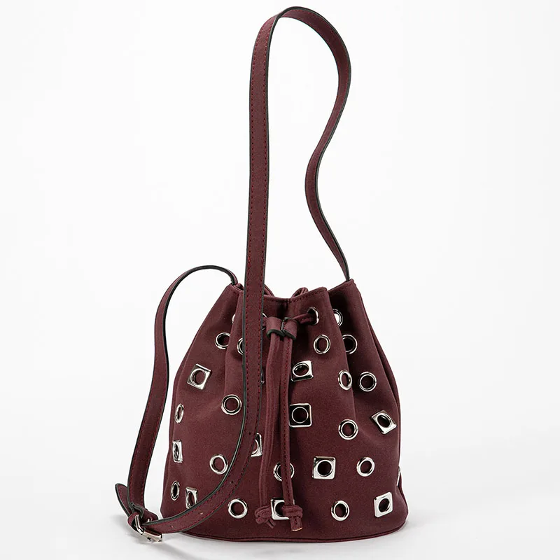 Ladies Drawstring Rivet Bag Casual And Fashion Large Capacity Bucket Bag Hollowed  Shoulder Bag Cool Girl Crossbody Bag