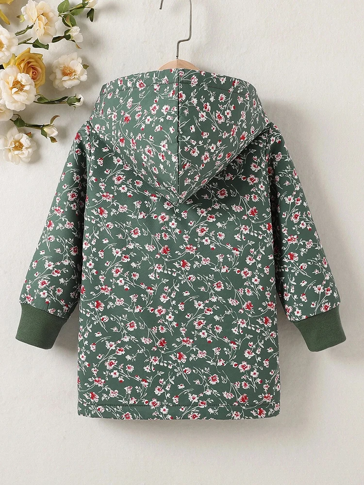 Girls floral warm button cardigan children's autumn and winter fleece hooded jacket girls winter coat