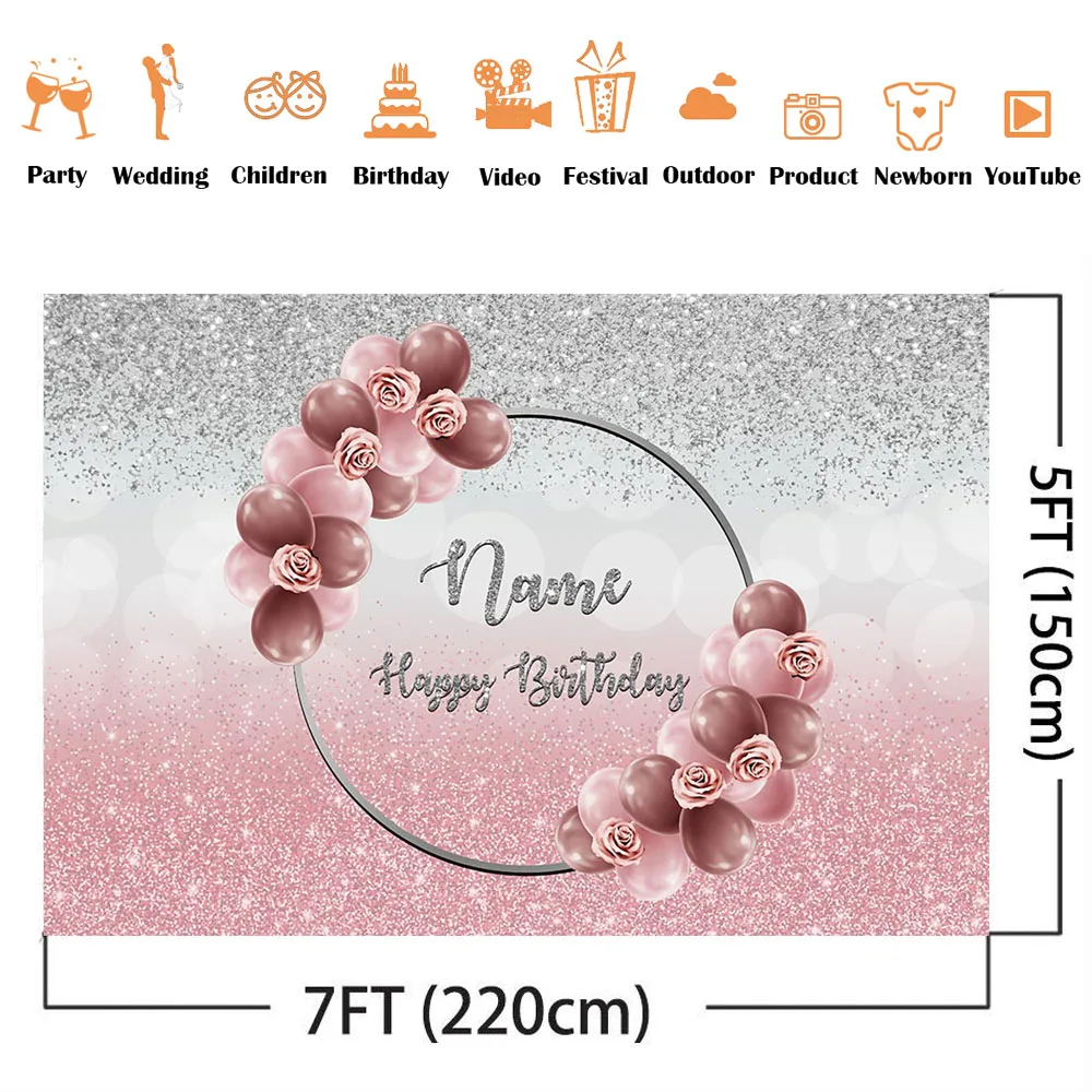 Customize Name Birthday Backdrop Sliver Glitter and Pink Background for Photo Studio Burgundy Red Balloons Photocall Vinyl Cloth photo backdrop