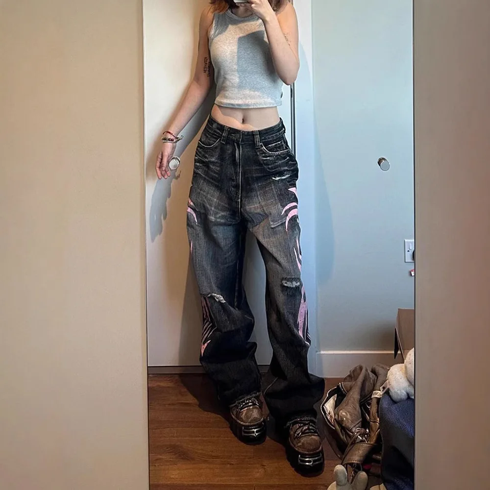 Y2K American Vintage Mottled Totem Print Baggy Jeans Women's High Waist Wide Leg Jeans Women's Trendy Hip-hop Jeans 2