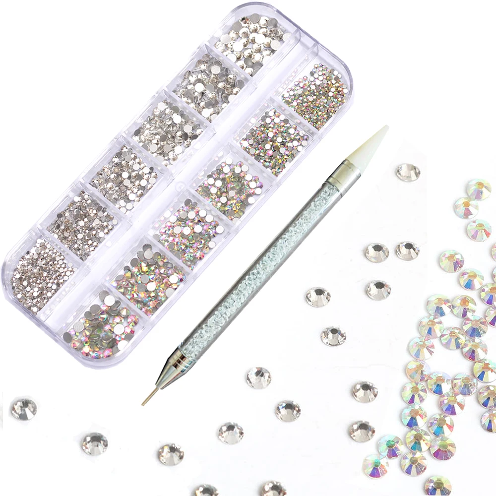 12 Grids Multi-Size 3D Crystal AB Nail Rhinestones Set SS4-SS16 DIY Nail Art Decorations Diamond Gems Glitter Nail Beauty_voghion.com