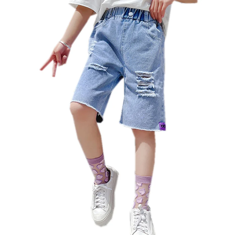 

Summer Kids Ripped Denim Shorts For Girls Solid Color Elastic Waist Casual Destroyed Calf-Length Jeans Pants With Broken Hole