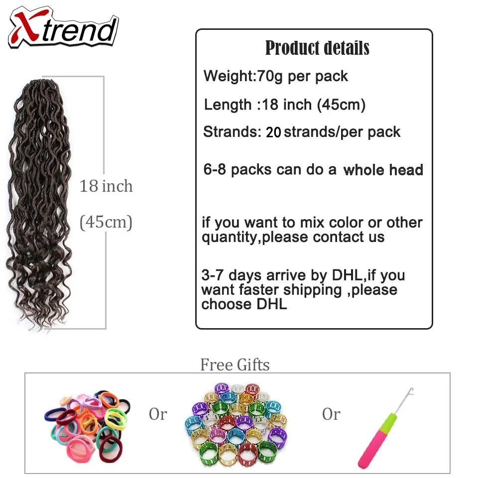 Xtrend Synthetic Crochet Braids Faux Locs Curly Crotchet Hair Extensions Meche Dreads 18inch Goddess 1 to 10 Packs