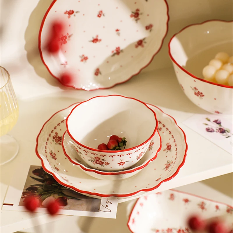 Ceramic Tableware Set Elegant Small Safflower Kitchen Dishes