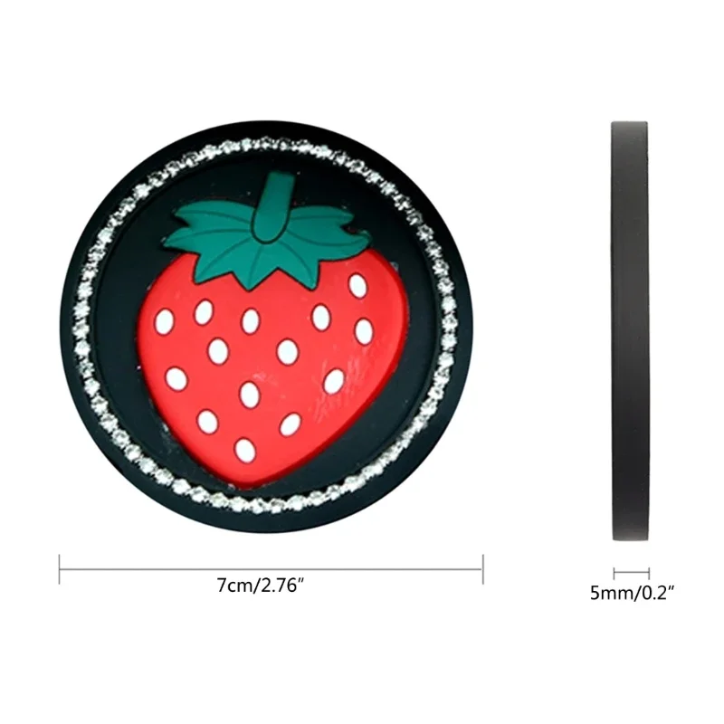 Bling Car Coasters with Strawberry Cartoon Round Silicone Gels Non-Slip Mat with 70mm Diameter for Water Bottles Durable