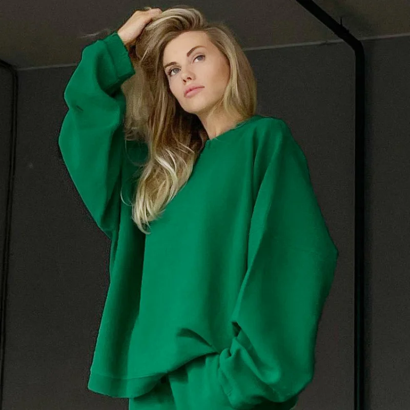 2023 New Autumn Winter Oversized Sweatshirt Women Long Sleeve Solid Sports Top Casual Round Neck Loose Sweatshirt Pants Sets