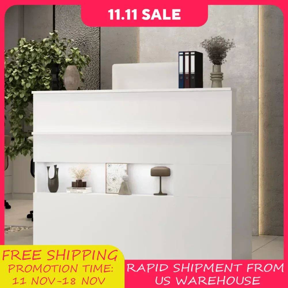 Reception Desk with Counter, Retail Counter with Lighted Display Shelf & Lockable Drawers, for Salon Reception Room Checkout