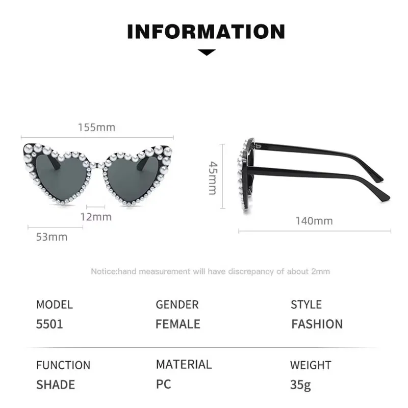 1/2 PCS Large frame dance party love heart inlaid pearl sunglasses for women beach peach heart sunglasses 5501