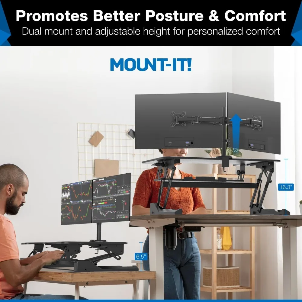 "ergonomic dual monitor standing desk converter, height adjustable desk riser with 2 mounts, black"